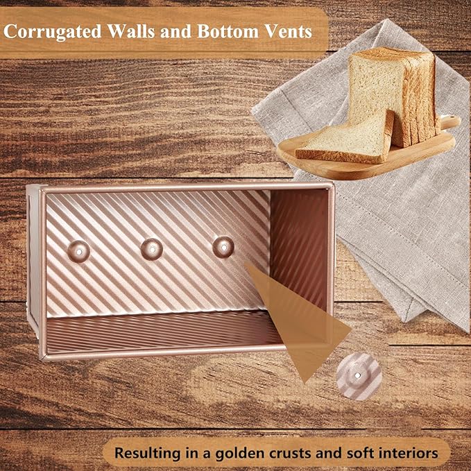 SS&CC Pullman Loaf Pan with Lid 2-Pack, 2.2lb & 1lb Carbon Steel Bread Pan for Homemade Sourdough & Sandwich Bread | Nonstick Bakeware, Heavy Duty & Easy Clean (Gold, 1lb+2.2lb)