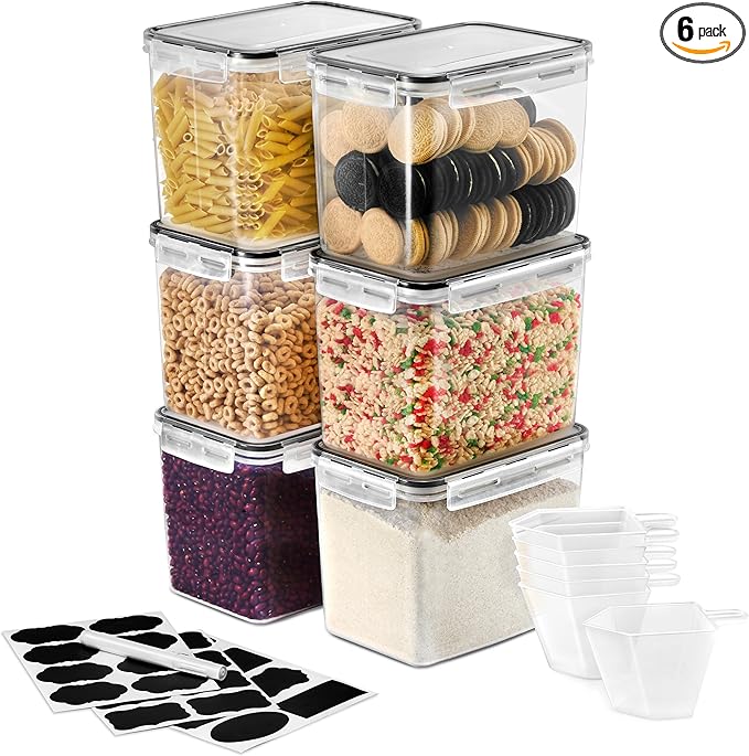 Sorbus Food Storage Containers - Pack of 6 - Air Tight, Four-Way Snap Lids Keeps Food Fresh - Store Cereal, Pasta, Flour, Nuts, Candy - Durable Plastic Kitchen Pantry Bins