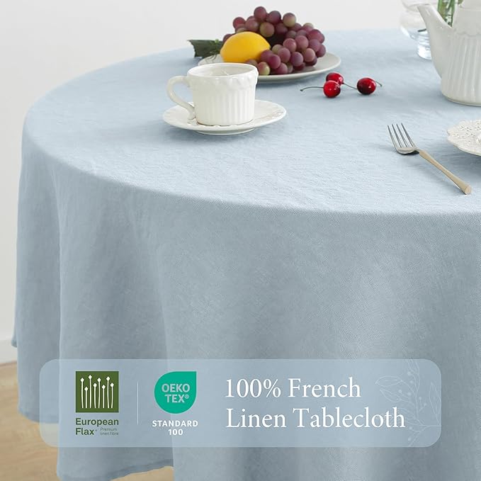 Linen World Blue Linen Tablecloth - 100% French Linen Round Tablecloth 90" Inch, Washable Natural Tablecloth for Dining, Outdoor, Weddings and Restaurants, Decorative Valentine Easter - Mist Blue