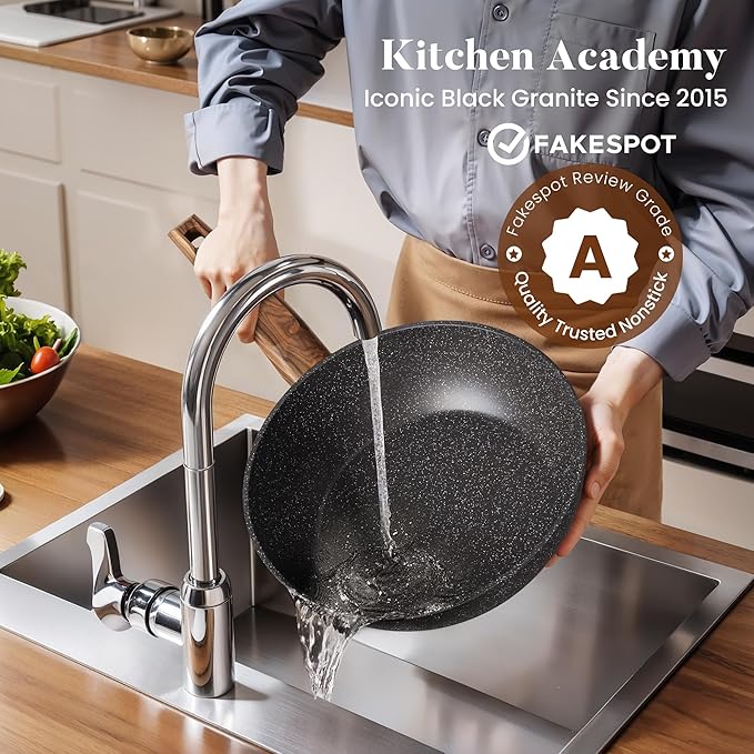 Kitchen Academy 17Pcs Pots and Pans Set Non Stick, Nonstick Kitchen Cookware Sets, Black Granite Induction Cookware, Non-toxic Healthy Nonstick Cooking Pans Set