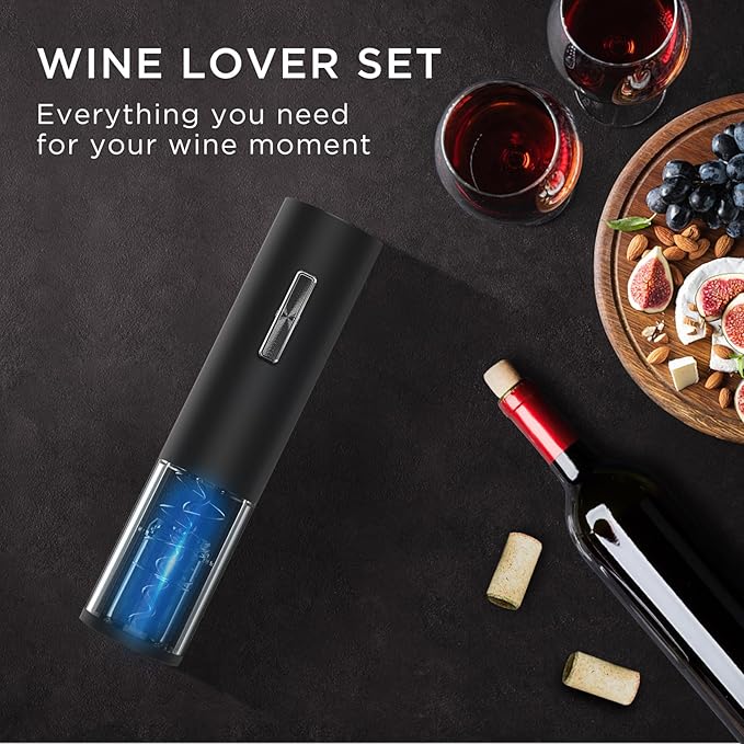 Electric Bottle Wine Opener Set, Automatic Electronic Corkscrew with Blue Led Indicator, Vacuum Stopper, Pourer, and Foil Cutter, Perfect for Home, Party and Wedding, Rechargeable