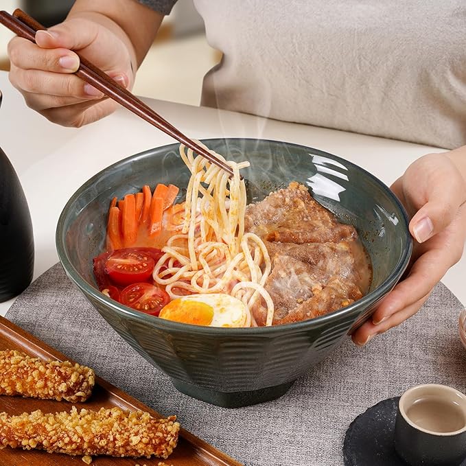 NUTRIUPS Ceramic Ramen Bowl Set of 2 Noodles Bowl with Chopsticks and Spoons, 50oz Large Ramen Bowl- Deep Ocean Green