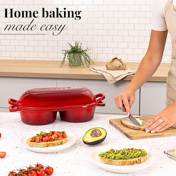 Dutch Oven For Sourdough Bread Baking – Enamelled Cast Iron Bread Loaf Pot – 500°F Oven Safe Non Stick Bread Pot – Double Round Loaf Space, 16.5cm Diameter, Red, – by Nuovva