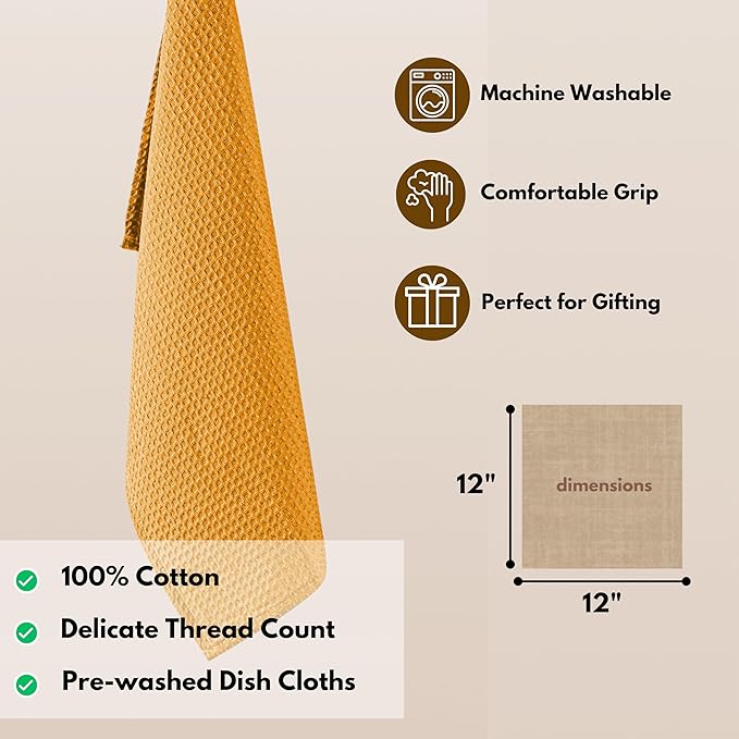 Native Fab 6 Pack Waffle Dish Cloths - 100% Cotton, Soft, Absorbent & Quick Drying Towels for Cleaning, Cooking & Baking - Great for Home, Restaurants, Cafes, Bars - Mustard Yellow