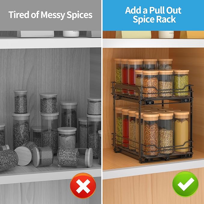 2-Tier Spice Rack, Pull Out Spice Racks Organizer for Cabinet, Height Adjustable Heavy Duty Metal Basket for Inside Cabinets & Pantry Closet (7.5''Wx10.5''Dx9.5''H)