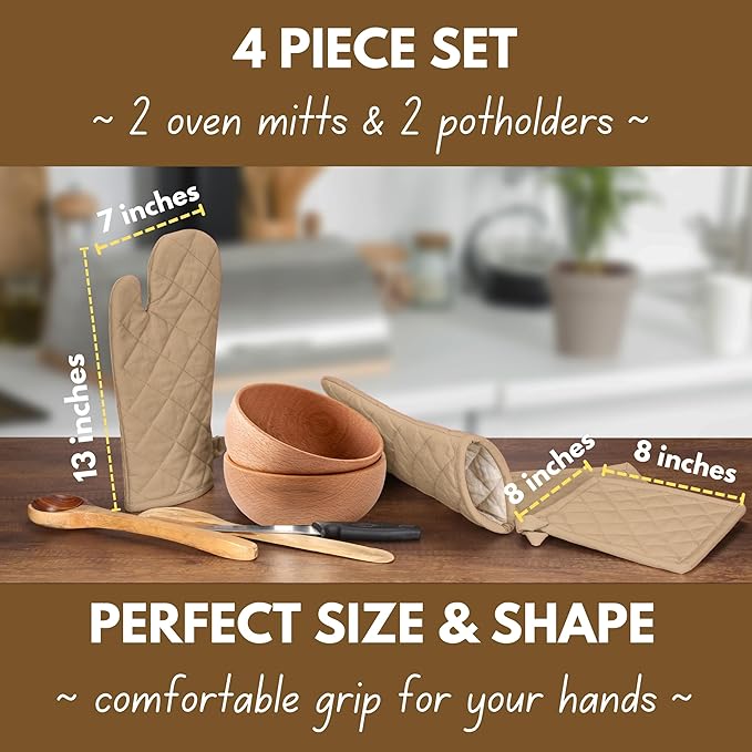 Native Fab Pot Holders and Oven Mitts Sets for Kitchen Heat Resistant- Hanging Non-Slip - 100% Cotton Oven Mitts and Pot Holders 4-Piece Set- Beige