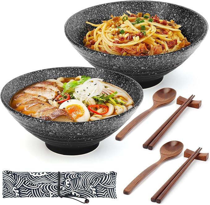 8 Inch Japanese Ramen Bowl Set, Ceramic Pho Bowls and Spoons Set of 2 with Chopsticks and Spoon for Ramen Soup Pho Udon Asian Noodles, Black