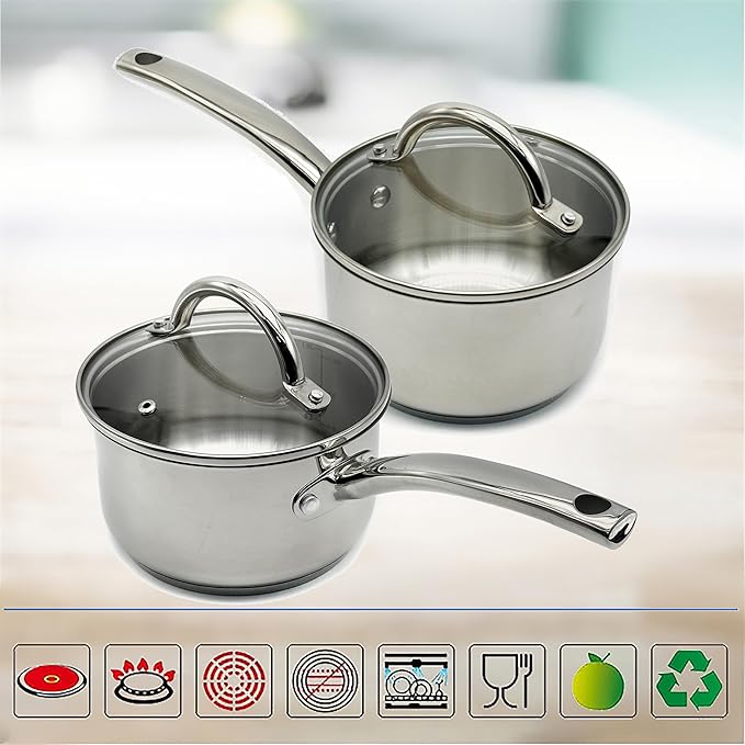 Stainless Steel Saucepan Glass Lid Steel handle Induction Impact Bonded 7 PCS Set