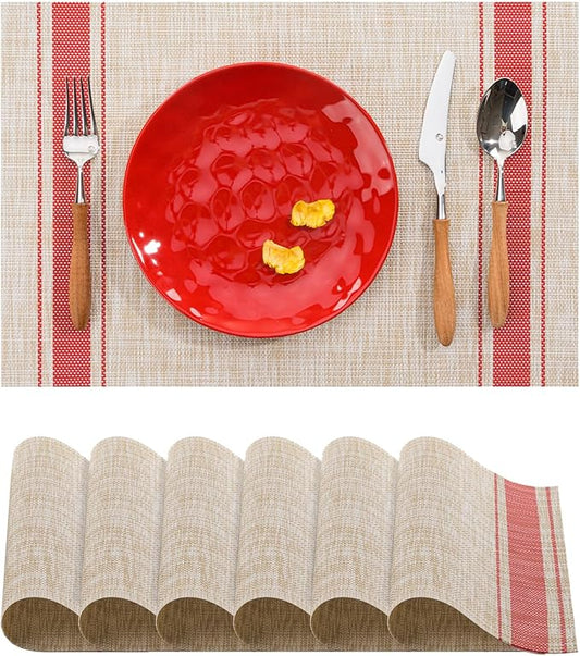 BACKTOEDEN Placemats Set of 6 Heat Resistant Washable Wipeable Placemat Woven Non-Slip Foldable Vinyl/Plastic Place Mats Indoor/Outdoor Mat Kitchen Dining Table Pad, Red Skyline