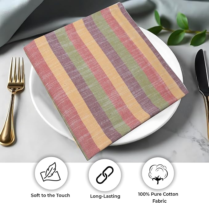 Urban Villa Cloth Napkins Set of 12 20x20 Inches 100% Cotton Napkins Cloth Washable Durable Reusable Absorbent Table Dinner Napkins Cloth for Thanksgiving Fall Hotel Lunch Restaurant- Harvest Stripes