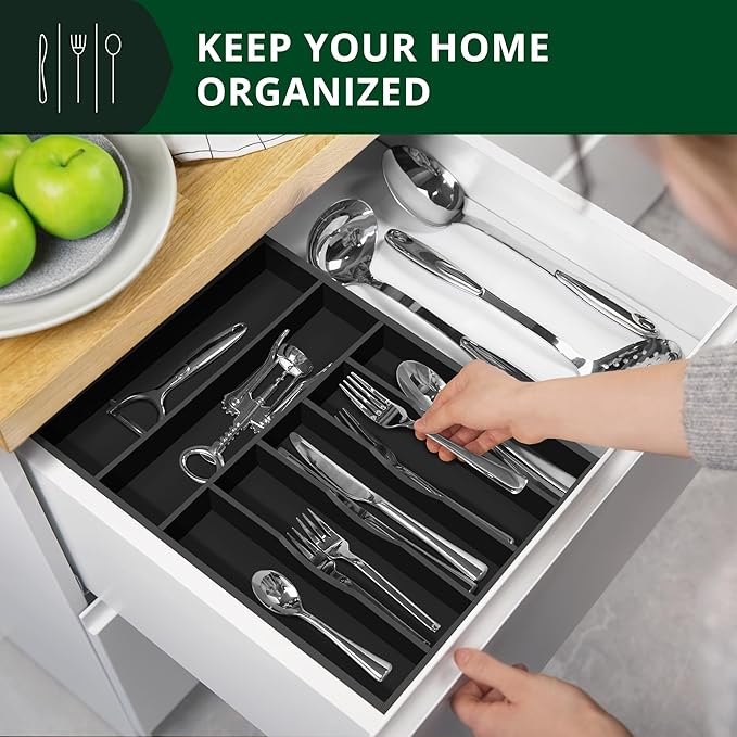 ROYAL CRAFT WOOD Luxury Bamboo Kitchen Drawer Organizer - Silverware Organizer - Utensil Holder and Cutlery Tray with Grooved Drawer Dividers for Flatware and Kitchen Utensils (7 Slot, Black)