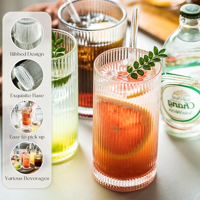 KEMORELA Ribbed Glassware Set of, Origami Style 16 Oz XL Drinking Glasses with Straws, Vintage Glassware Set - Glass Cups, Iced Coffee Cups Perfect for Cocktails, Smoothies, Juice, Beer (6Pcs)
