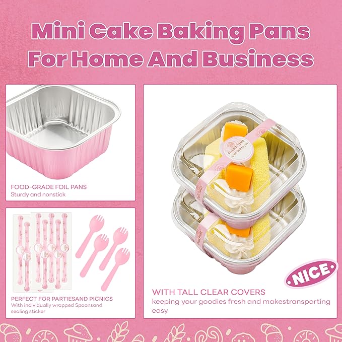 60 Pack Mini Cake Pans with Lids Mini Aluminum Pans, Disposable Loaf Pans Cupcake Liners with Lids for Pudding, Souffle, Party, Wedding(Pink, 5 oz)