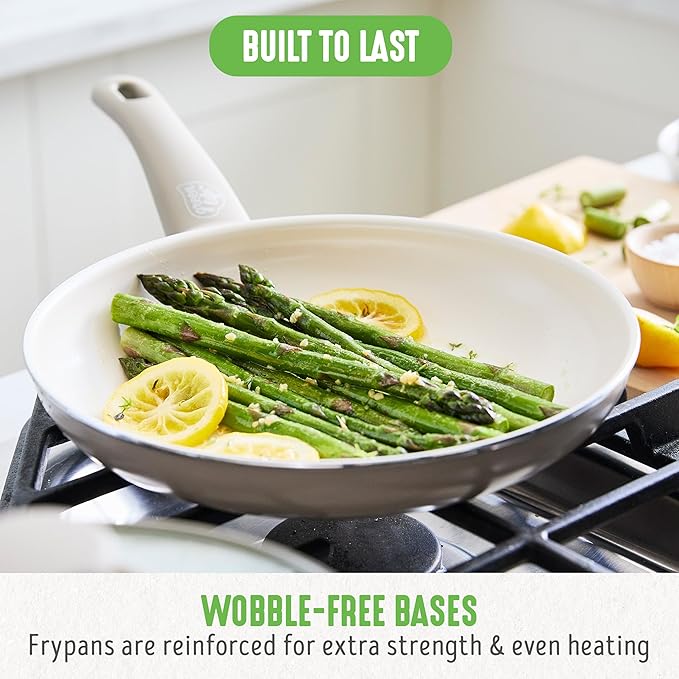 GreenLife 16 Piece Nonstick Cookware Set, Soft Grip Non-Toxic PFAS-Free Ceramic Pots & Pans, Dishwasher & Oven Safe, Frying, Sauce, Saute, Utensils, Glass Lids, Stay-Cool Handles, Wobble Free, Taupe