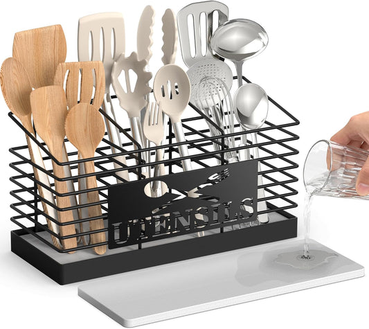 Utensil Holder for Kitchen Counter with Fast-Drying Diatomaceous Earth Base, Large Utensil Organizer with 3 Compartments, Black Metal Cooking Tools Storage