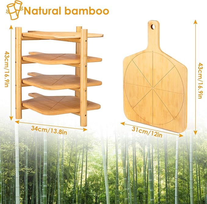 4 pcs Pizza Peel with Stand Smooth Pizza Paddle Pizza Cutting Board with 6 Slice Grooves Premium Serving Tray with Stainless Steel Pizza Cutting wheel and Pizza Shovel