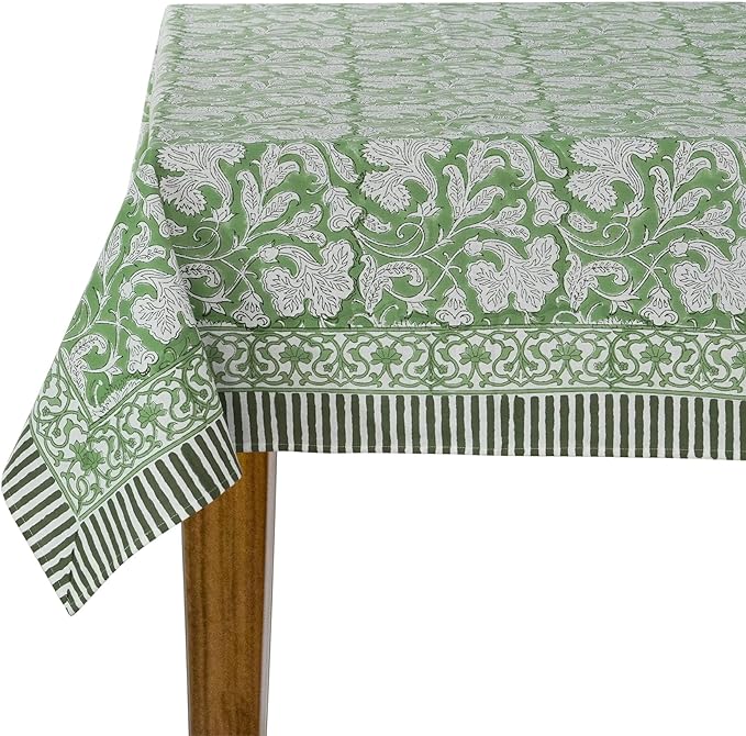Ridhi Sage Green Hand Block Print Cotton Rectangle Tablecloth 160 x 72 inch-Reusable Table Cover Decorative Everyday Use for Dining Room, Farmhouse, Thanksgiving, Christmas Wedding, Fall