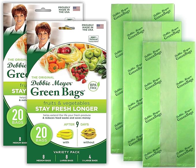 Debbie Meyer, GreenBags 40-Pack (16M, 16L, 8XL) | Reusable Storage Bags Keeps Fruit, Vegetables, Produce, Cut Flowers Fresh Longer, Kitchen & Fridge Preservation Solution, BPA Free, Made in the USA