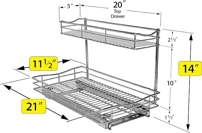 LYNK PROFESSIONAL® Pull Out Under Sink Kitchen Cabinet Organizer - 11.5 in. x 21 inch deep Drawer - Sliding Shelf Organizer for Cabinets and Undersink Storage Shelves - Lifetime Ltd. Warranty – Chrome