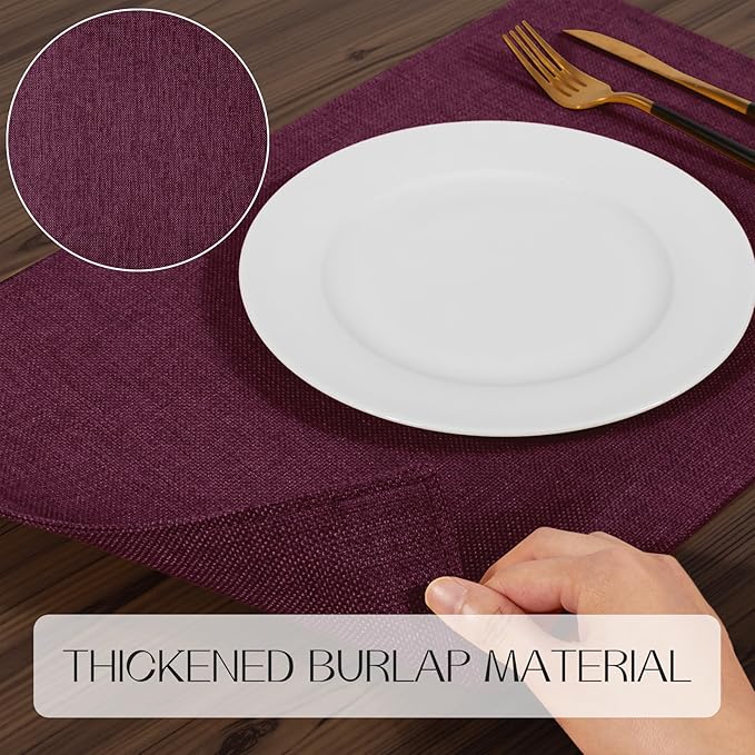 Romanstile Cloth Placemats Set of 6-12 x 18 Inch, Heat Resistant Double Layered Thickened Burlap Place Mats, Washable Linen Farmhouse Table Mats for Kitchen/Dining/Party/Outdoor, Purple