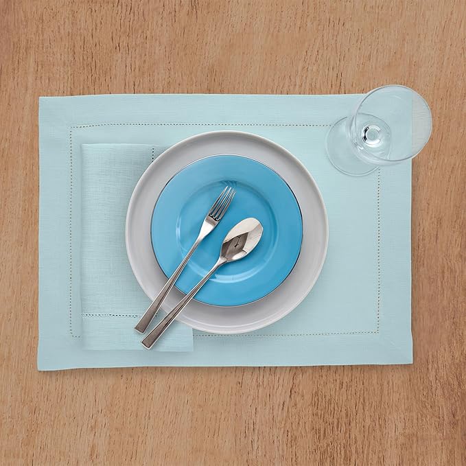 Solino Home Aqua Blue Linen Napkins Set of 4-100% Pure Linen Hemstitch Dinner Napkins 20 x 20 Inch - Classic Hemstitch