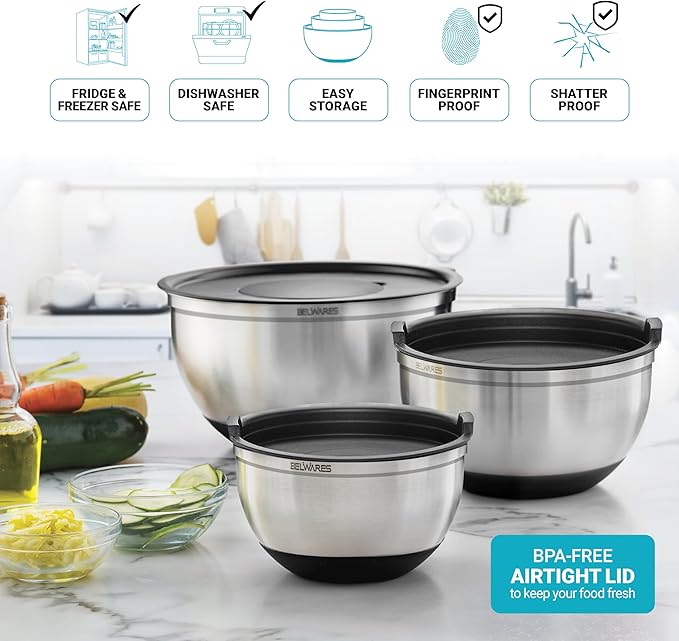 Belwares Mixing Bowls with Lids Set - Stainless Steel Nesting Bowls with Graters, Pour Spout & Non-Slip Base - Kitchen Mixing Bowls for Cooking, Baking, Salad Prep & Food Storage (Set of 3)