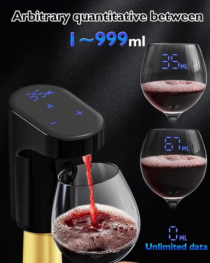 Smart Digital Wine Dispenser for Home Bar & Electric Aerator with Auto Stop, 1-999ML Quantitative Pour & Hands-Free Sensor for Wine, Whiskey, Spirits - Ideal Gift for Men, Dad, Him (Black)