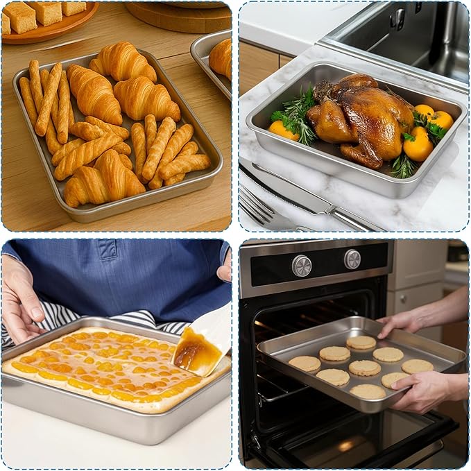 3 Set Stainless Steel Cake Pan with Lid, 13/11/9 Inch Rectangle Cake Pans Sets with Covers Baking Bakeware for Bread Fish Meat Vegetables, Non-Stick, Mirror Finish, Dishwasher Safe