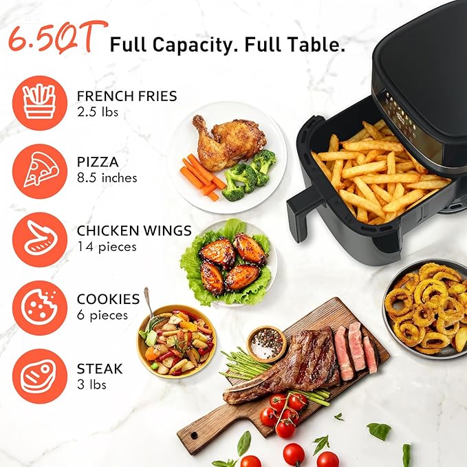 Air Fryer 6.5 QT,8 in 1 with Visible Window,LED display, 400℉ Precise Temperature Control, Shake Reminder&Pre-heat indicator,Metal inner cavity,Nonstick & Dishwasher Safe Basket