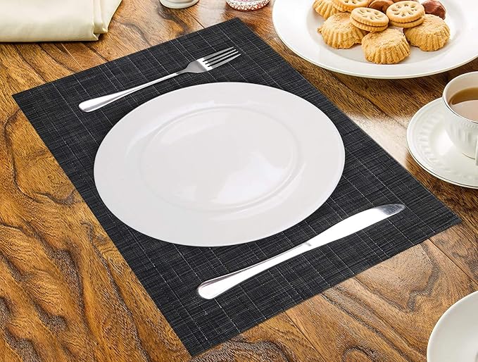 SHACOS Placemats Set of 8 Woven Vinyl Place Mats for Dining Table Wipe Clean Heat Resistant Washable Kitchen Table Mats (8, Black)