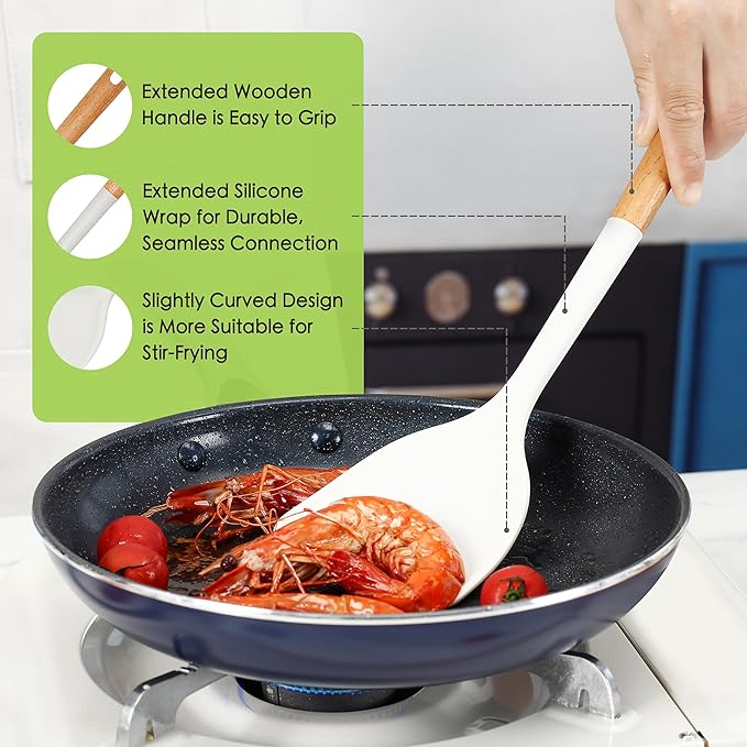 Large Silicone Cooking Utensils Set 7 Pcs, Wooden Handles Heat Resistant Spatula Set, Food Grade Silicone Kitchen Utensils Set with Holder, Gadgets BPA Free for Non-Stick Cookware