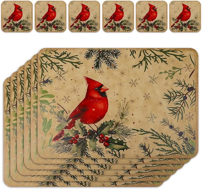 Le courant 16.9in 6PACK Christmas Bird Placemats with 6 Coasters, Reversible Faux Leather Easy Clean Waterproof Stain Resistant Place Mats, for Home Party Dining Holiday Table Decor