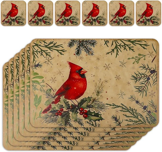 Le courant 16.9in 6PACK Christmas Bird Placemats with 6 Coasters, Reversible Faux Leather Easy Clean Waterproof Stain Resistant Place Mats, for Home Party Dining Holiday Table Decor