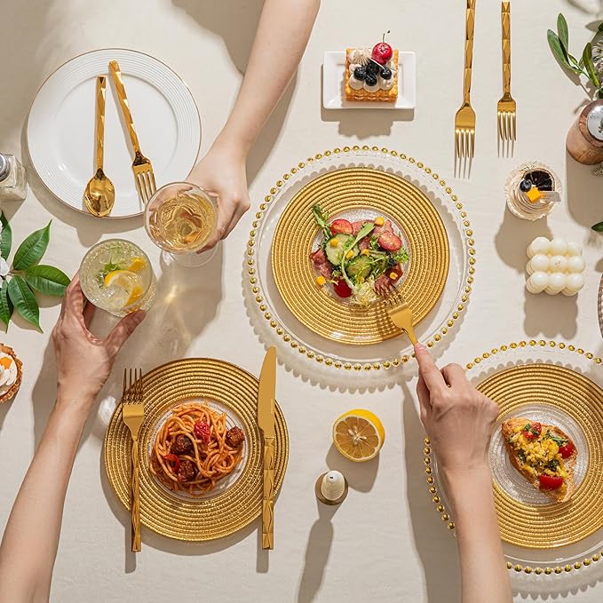 KINGSTONE Gold Silverware Set, Luxury 60 Piece Flatware Set for 12, 18/10 Stainless Steel Cutlery Set with Diamond Cut Pattern for Kitchen, Home, Wedding, Party, Mirror Polished and Dishwasher Safe