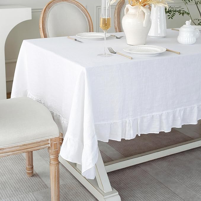 Linen World Ruffle Linen Tablecloth, 100% French Linen White Tablecloth 120" x 60" Inch, Washable Rectangular Tablecloth for Dining, Outdoor, Weddings and Restaurants, Decorative Valentine Easter
