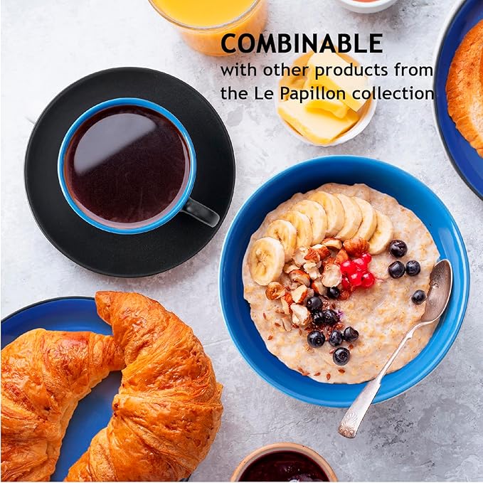 MIAMIO - Set of 6, Ceramic Stackable Cappuccino Cups Set / 6 Ounce Cappuccino Mugs and Saucer with Metal Stand for Coffee Drinks, Cafe, Latte, Americano and Tea - Le Papillon Collection (Blue)