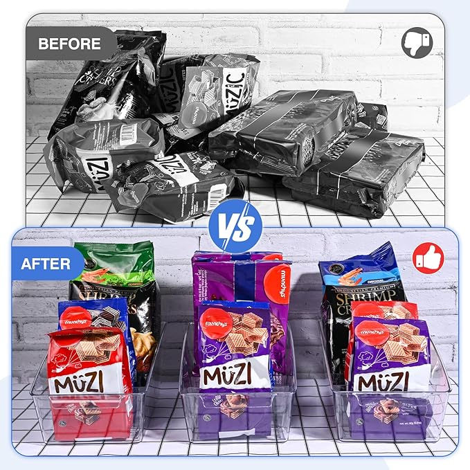 2 Pack Clear Pantry Organizer Storage Bins Removable Snack Organizer Plastic Cabinet Organizers Racks with 3 Dividers, Refrigerator Bins, Kitchen Organization Kitchen Storage