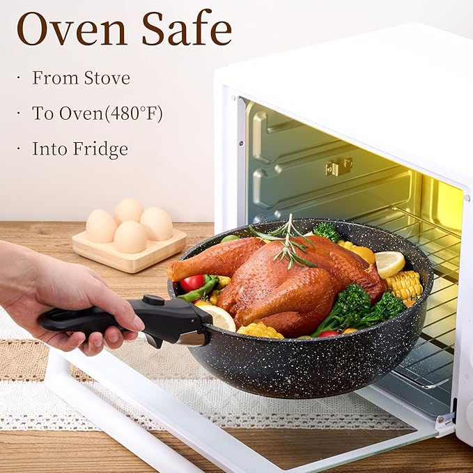 JEETEE Pots and Pans Set Non Stick 17pcs, Kitchen Cookware Sets with Detachable Handle, Induction Nonstick Cookware Set with Removable Handle, Stackable RV Cookware, Oven Safe, PFAS/PFOA Free, Black