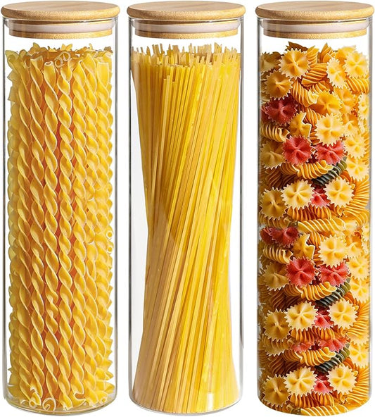 ComSaf Glass Spaghetti Pasta Storage Container for Kitchen Pantry with Lids 41oz Set of 3, Tall Clear Airtight Food Storage Jar with Sealing Wood Cover for Coffee, Sugar, Noodles, Linguini, Lasagna
