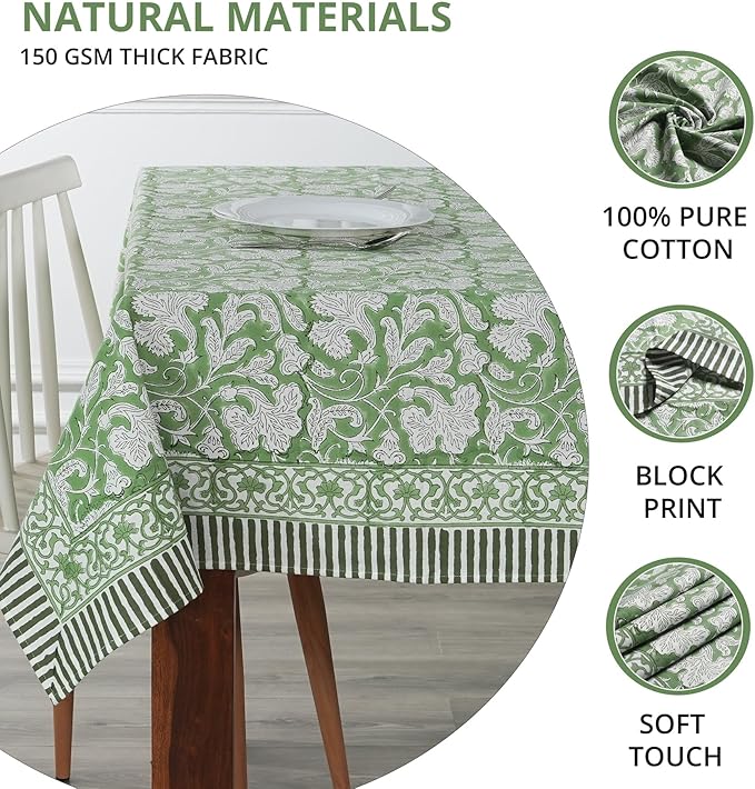 Ridhi Sage Green Hand Block Print Cotton Rectangle Tablecloth 160 x 72 inch-Reusable Table Cover Decorative Everyday Use for Dining Room, Farmhouse, Thanksgiving, Christmas Wedding, Fall