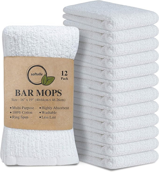 Softolle Bar Mop Towels, Pack of 12-16x19 Inches - 100% Cotton Super Absorbent Towels, Multi-Purpose for Home and Bar Cleaning (White)