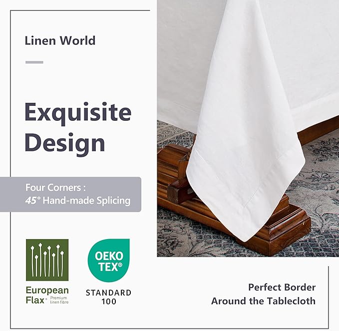Linen World Linen Tablecloth, 100% French Linen White Tablecloth 108" x 60" Inch, Washable Rectangular Tablecloth for Dining, Outdoor, Weddings and Restaurants, Decorative Valentine Easter