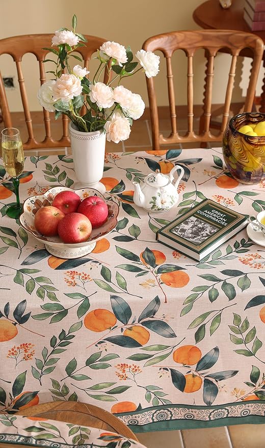 patdrea Designer Orange Tablecloth for Rectangle Tables,Framhouse Linen Oranges and Leaves Tree Pattern Linen Tablecloth,Fall Fruits Table Cover Cloth Decor for Kitchen Dining Christmas,63"*87"