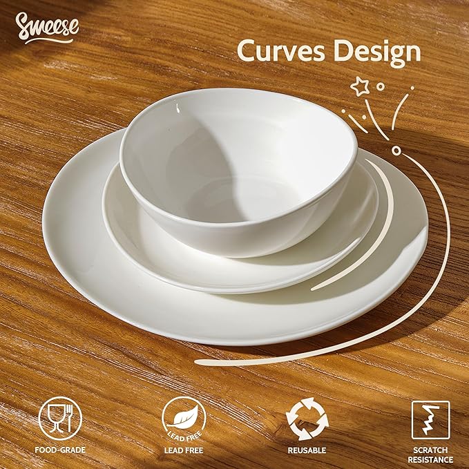 Sweese 18-Piece Dinnerware Sets for 6, Porcelain Plates and Bowls Set, Scratch Resistant Dishes, Microwave and Oven Safe Dishware, Snow White