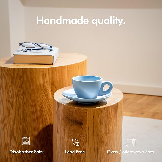 KIVY Cappuccino cups set of 4 [8oz] - Thick-walled stoneware cappuccino cup set for latte art - Cappuccino coffee cups - Tazas de cafe - Latte cups - Latte art cup and saucer set of 4 - Green, Blue