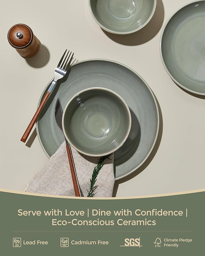 32 Piece Double Bowl Dinnerware Sets with Pasta Bowls, Highly Chip and Crack Resistant Plates and Bowls Sets, Natural Earthyware Ceramic Dishware Sets, Service for 8 Gradient Green