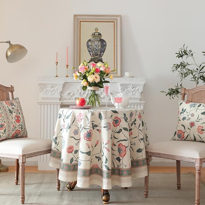 French Tablecloth for Round Tables,Linen Table Cloth with Pink Flowers and Leavs Pattern,Heavy Durable Table Cover for Dining Thanksgiving Kitchen Decor Party Christmas,Diameter 67"