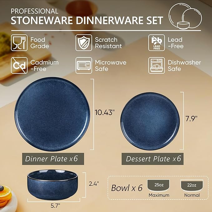 Herogo 18 Pieces Stoneware Dinnerware Set Service for 6, Dinner Plates and Bowls Sets, Double Reactive Glaze Dishes Set for Kitchen, Scratch Resistant, Microwave & Dishwasher Safe, Starry Blue