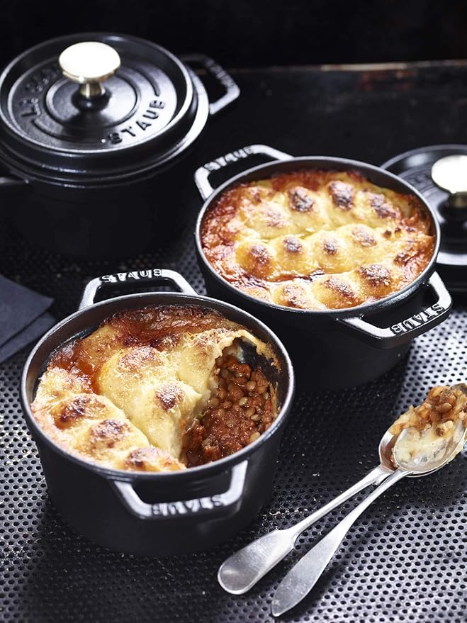 STAUB Cast Iron Dutch Oven 0.75-qt Round Cocotte, Made in France, Serves 1, Matte Black