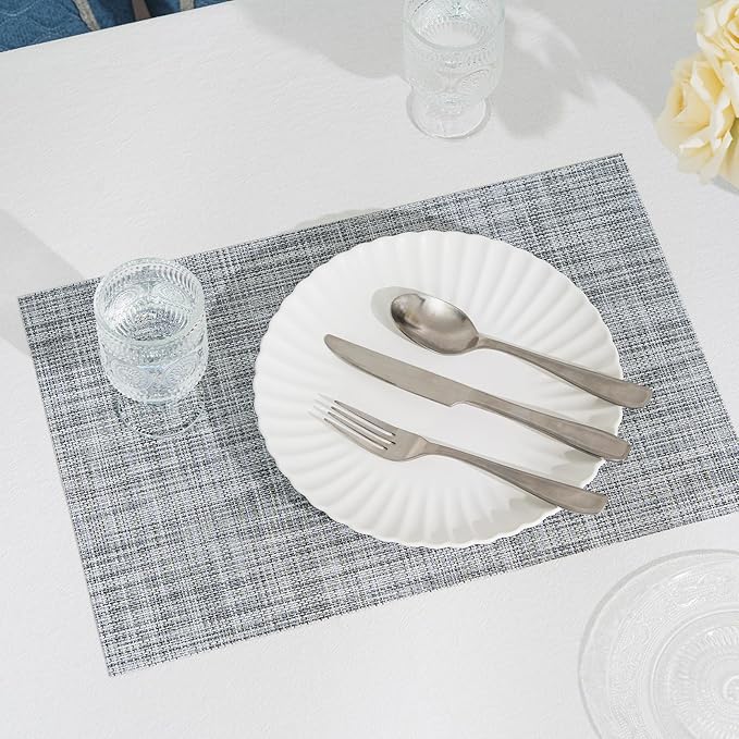 BACKTOEDEN Placemats Set of 12 Heat Resistant Washable Wipeable Placemat Woven Non-Slip Foldable Vinyl/Plastic Place Mats Indoor/Outdoor Mat Kitchen Dining Table Pad, Gray